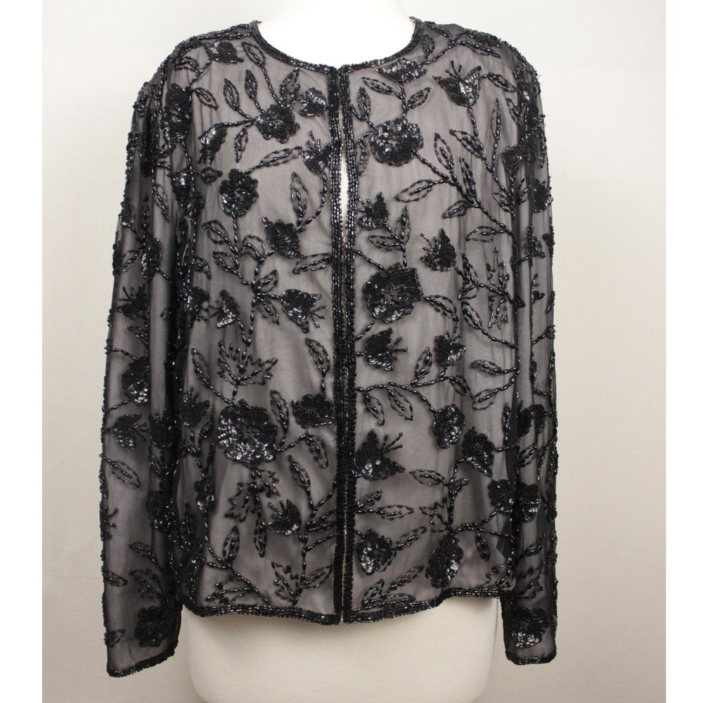 Vintage Scala Beaded Silk Jacket XL Black Sheer Floral Sequin Cardigan